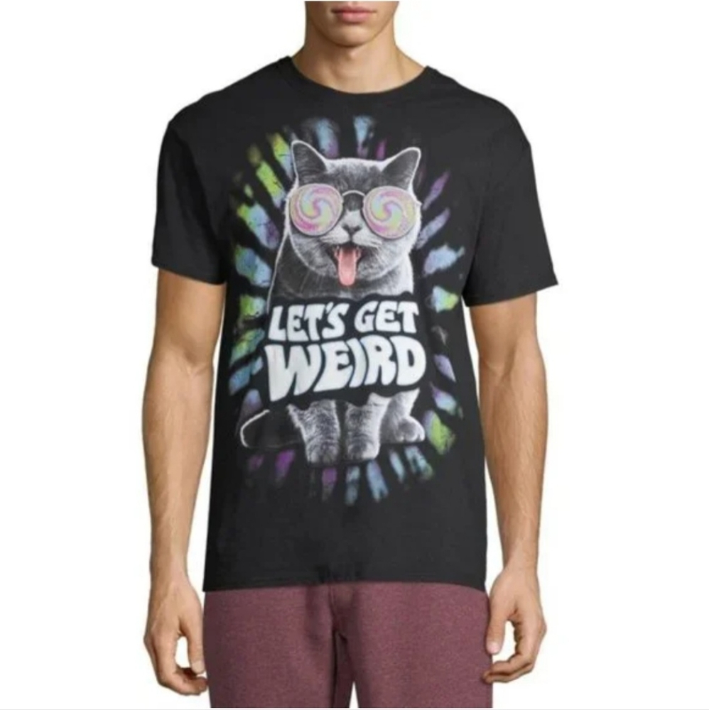 Psychedelic Trippy Cat Let's Get Weird T Shirt Mens Large Black Short Sleeve